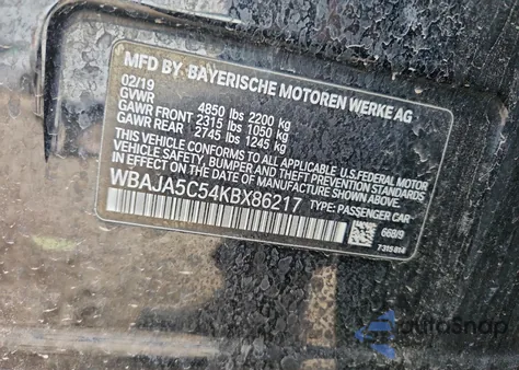 2019 BMW 530 I z USA, uszkodzony, nr VIN WBAJA5C54KBX86217